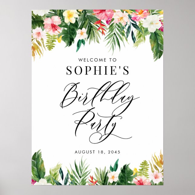 Watercolor Tropical Flowers Birthday Party Welcome Poster (Front)