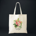 Watercolor Tropical Flowers Bouquet Personalised Tote Bag<br><div class="desc">Customisable tote bag featuring watercolor hibiscus,  palm leaves,  banana leaves,  and other tropical floral accents. This tote bag is perfect favour bag for summer events. Similar designs are available.</div>