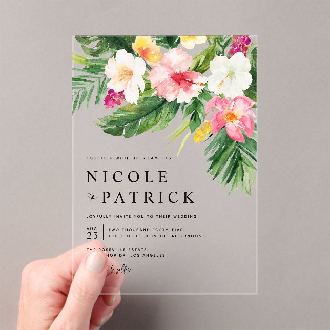 Watercolor Tropical Flowers Bouquet Summer Wedding Acrylic Invitations (Insitu (Handheld))