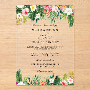 Watercolor Tropical Flowers Budget QR Code Wedding Acrylic Invitations