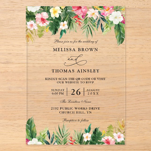 Watercolor Tropical Flowers Budget QR Code Wedding Acrylic Invitations (Front)