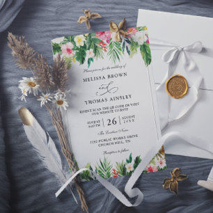 Watercolor Tropical Flowers Budget QR Code Wedding Invitation