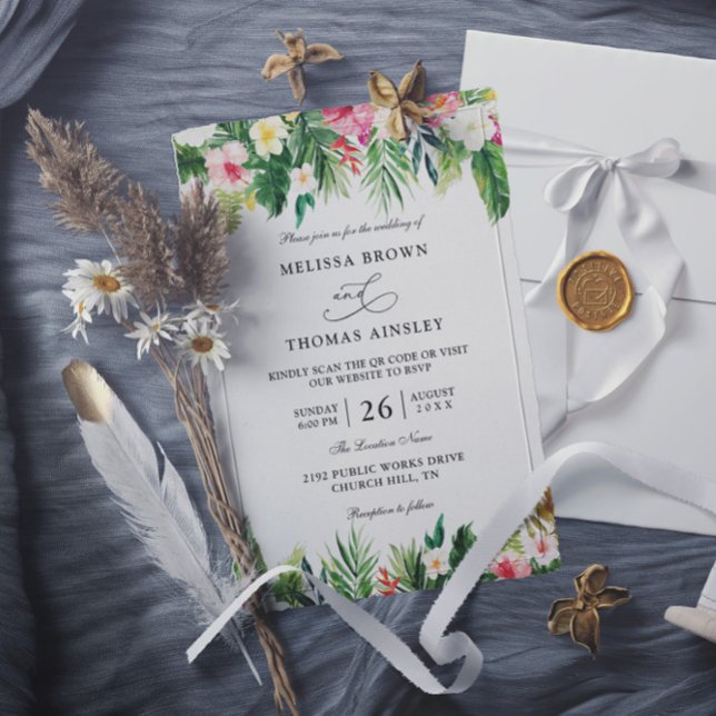 Watercolor Tropical Flowers Budget QR Code Wedding Invitation (Creator Uploaded)