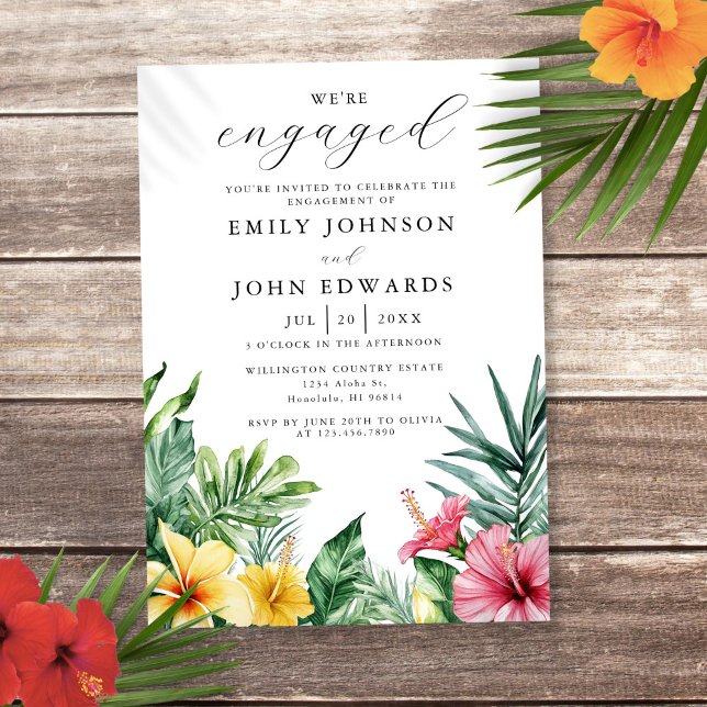 Watercolor Tropical Flowers Engagement Party Invitation (Watercolor Tropical Flowers Engagement Party Invitation)