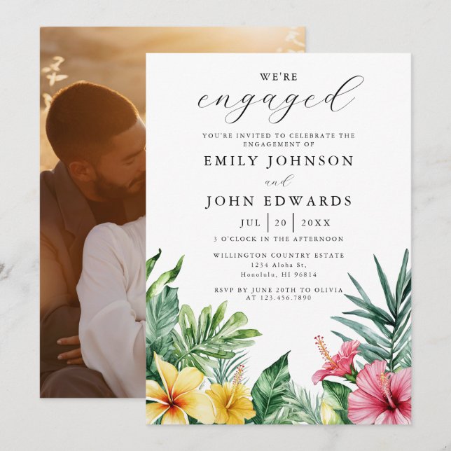 Watercolor Tropical Flowers Engagement Party Photo Invitation (Front/Back)