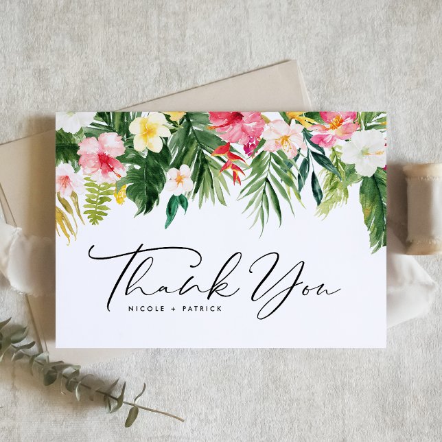 Watercolor Tropical Flowers Garland Summer Wedding Thank You Card (Creator Uploaded)