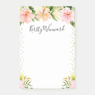 Watercolor Tropical Flowers Gold Confetti Post-it Notes
