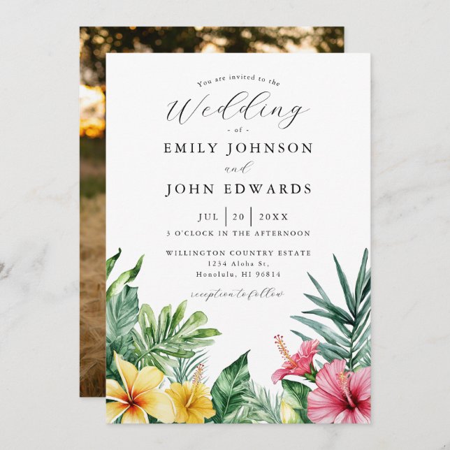Watercolor Tropical Flowers Greenery Photo Wedding Invitation (Front/Back)