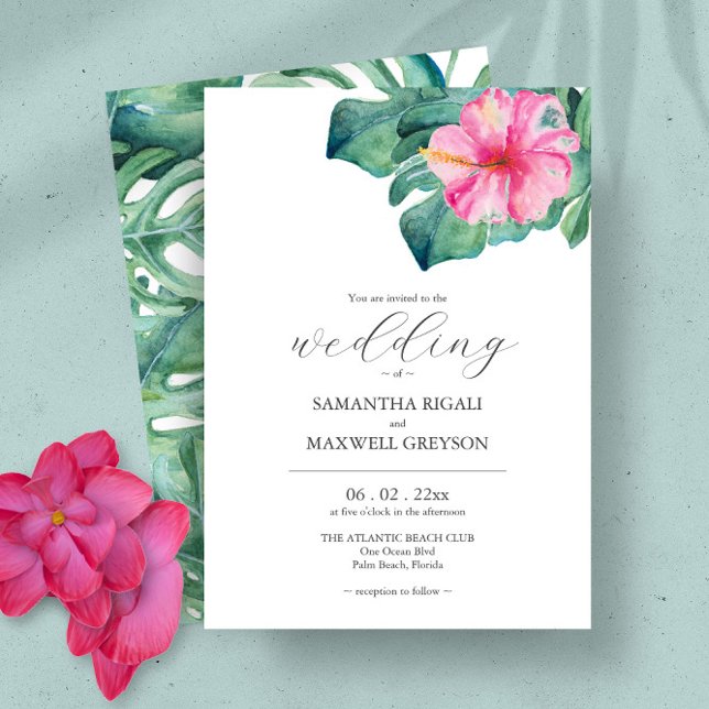 Watercolor Tropical Flowers Greenery Wedding  Invitation (Tropical watercolor flowers and palm leaves wedding invitations art by Victoria Grigaliunas)