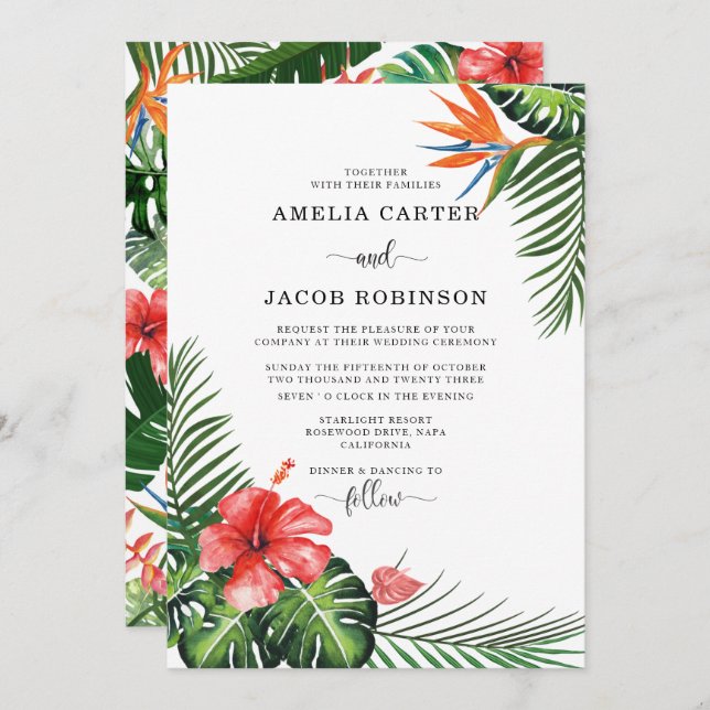Watercolor Tropical Flowers Greenery Wedding Invitation (Front/Back)