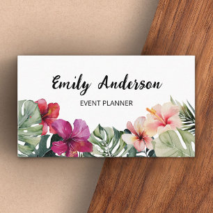 Watercolor Tropical Flowers Leaves QR Code Business Card