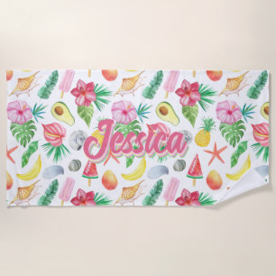 Watercolor Tropical Flowers Pattern Personalised Beach Towel
