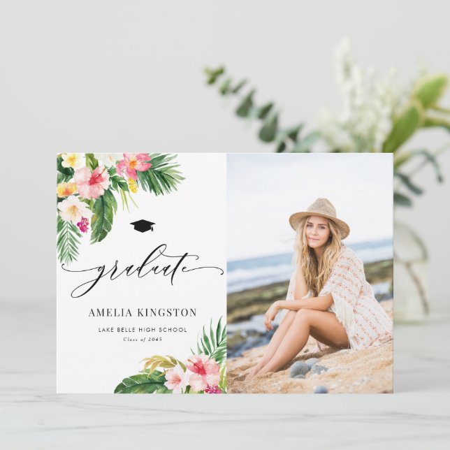 Watercolor Tropical Flowers Photo Graduation Announcement (Standing Front)