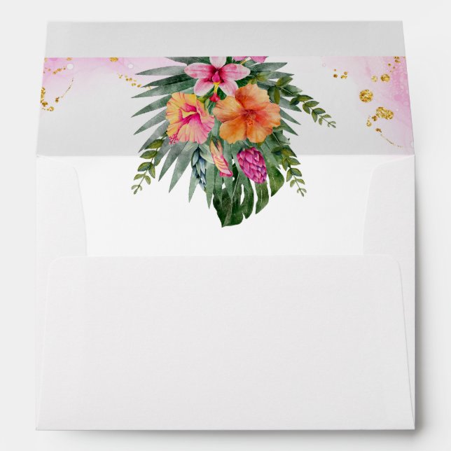 Watercolor Tropical Flowers Pink Orange Wedding Envelope (Back (Bottom))