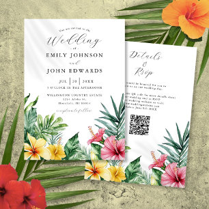 Watercolor Tropical Flowers QR Code Wedding Invitation