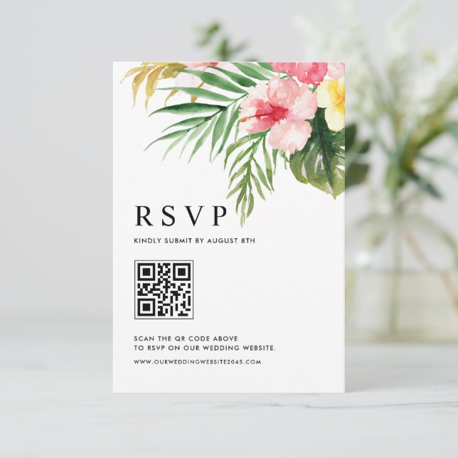 Watercolor Tropical Flowers QR Code Wedding RSVP Card (Standing Front)