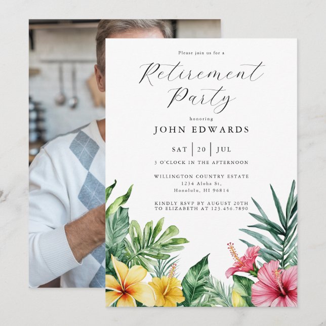 Watercolor Tropical Flowers Retirement Party Photo Invitation (Front/Back)