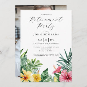Watercolor Tropical Flowers Retirement Party Photo Invitation
