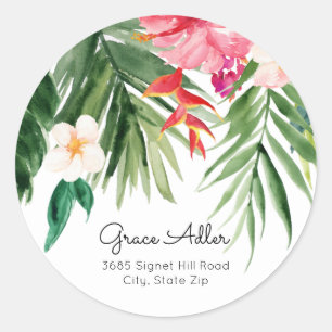 Watercolor Tropical Flowers Return Address Classic Round Sticker