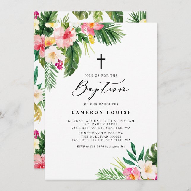 Watercolor Tropical Flowers Summer Baptism Invitation (Front/Back)