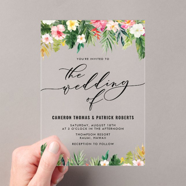Watercolor Tropical Flowers Summer Wedding Acrylic Invitations (Insitu (Handheld))