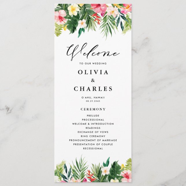 Watercolor Tropical Flowers Summer Wedding Programme (Front)