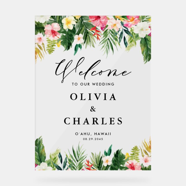 Watercolor Tropical Flowers Summer Wedding Welcome Acrylic Sign (Front)