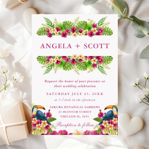 Watercolor Tropical Flowers Toucans Frame Wedding Invitation