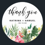 Watercolor Tropical Flowers Wedding Thank You Classic Round Sticker<br><div class="desc">Add a personalised accent to party favours and thank you cards with this floral thank you sticker. It features tropical watercolor flowers and greenery: orchids, hibiscus, plumeria, bird of paradise, palm leaves, split leave philodendron, banana leaves and fern. Perfect for summer weddings, birthday parties, bridal showers, baby showers and other...</div>