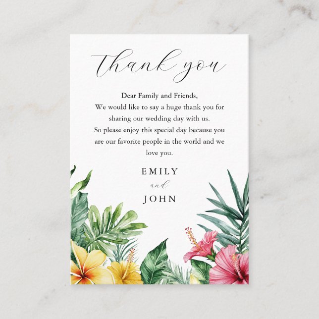 Watercolor Tropical Flowers Wedding Thank You Place Card (Front)