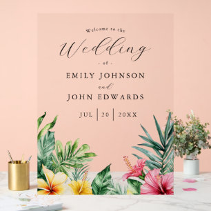 Watercolor Tropical Flowers Wedding Welcome Acrylic Sign
