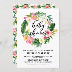 Watercolor Tropical Flowers Wreath Baby Shower Invitation
