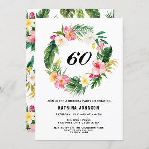 Watercolor Tropical Flowers Wreath Birthday Party Invitation
