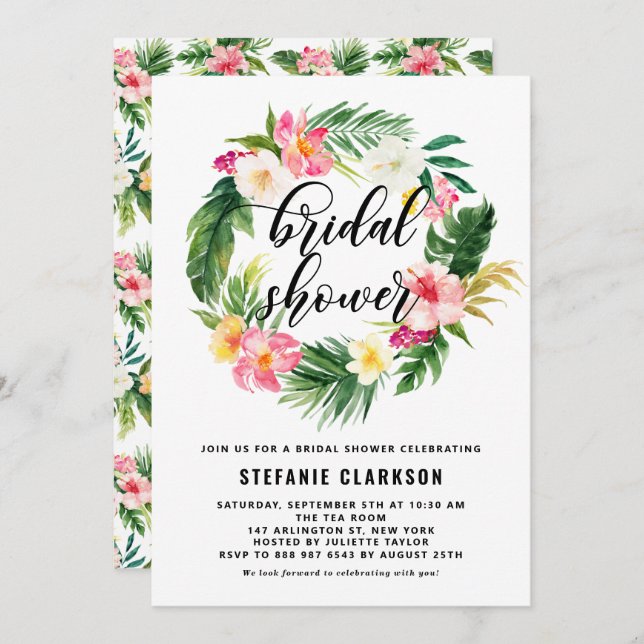 Watercolor Tropical Flowers Wreath Bridal Shower Invitation (Front/Back)