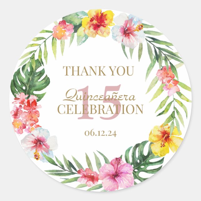 Watercolor Tropical Flowers Wreath Quinceañera Classic Round Sticker (Front)