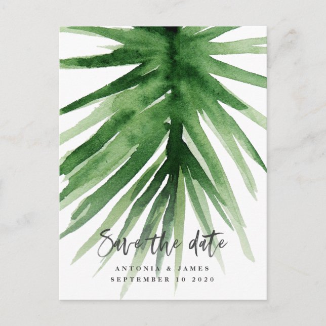 watercolor tropical foliage & script save the date announcement postcard (Front)