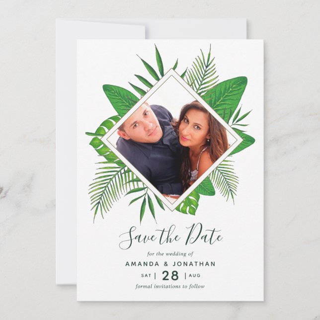 Watercolor tropical foliage Wedding Save the Date (Front)