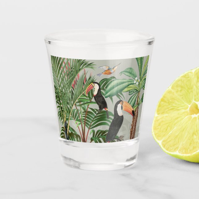 Watercolor Tropical Forest & Colourful Birds Shot Glass (Front)