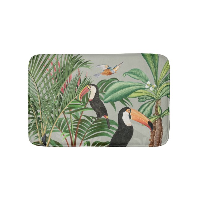Watercolor Tropical Forest & Toucan Birds Bath Mat (Front)