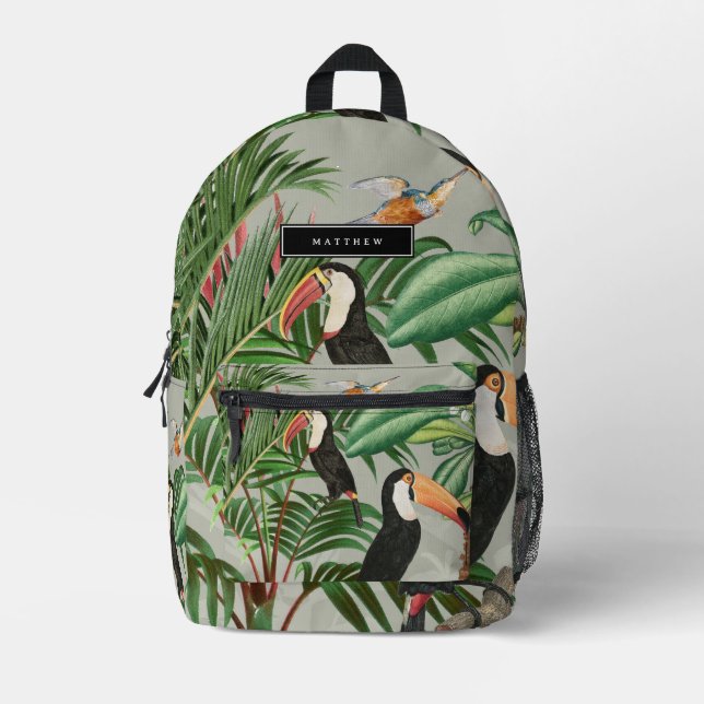 Watercolor Tropical Forest & Toucan Birds Custom Printed Backpack (Front)