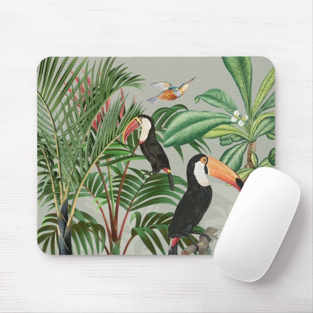 Watercolor Tropical Forest & Toucan Birds Mouse Pad (With Mouse)