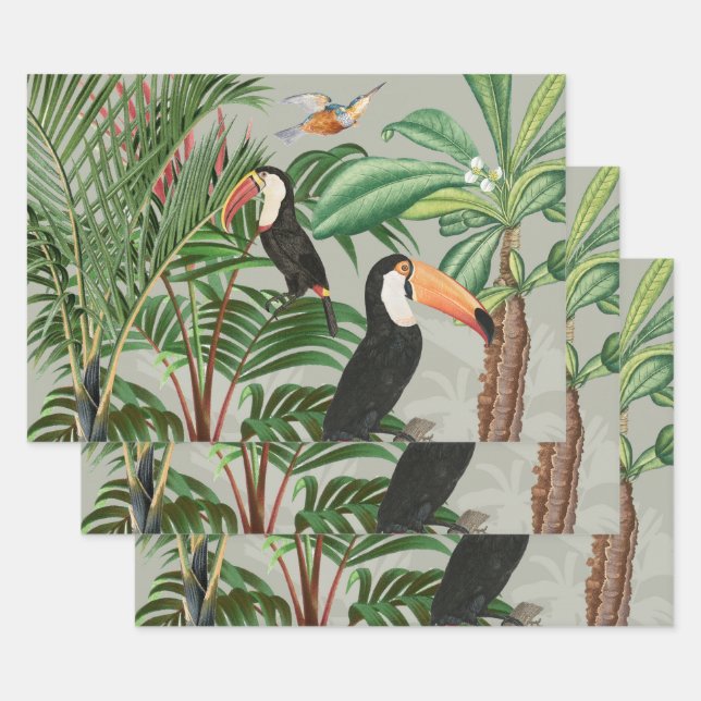 Watercolor Tropical Forest & Toucan Birds Wrapping Paper Sheet (Set)