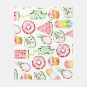 Watercolor tropical fruits, ice cream pattern. fleece blanket