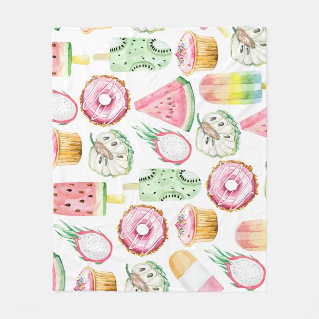 Watercolor tropical fruits, ice cream pattern. fleece blanket (Front)