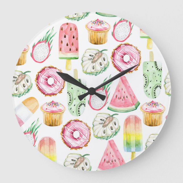 Watercolor tropical fruits, ice cream pattern. large clock (Front)