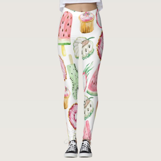 Watercolor tropical fruits, ice cream pattern. leggings (Front)