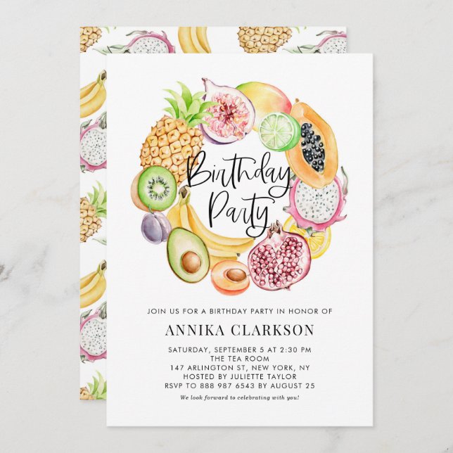 Watercolor Tropical Fruits Summer Birthday Party Invitation (Front/Back)