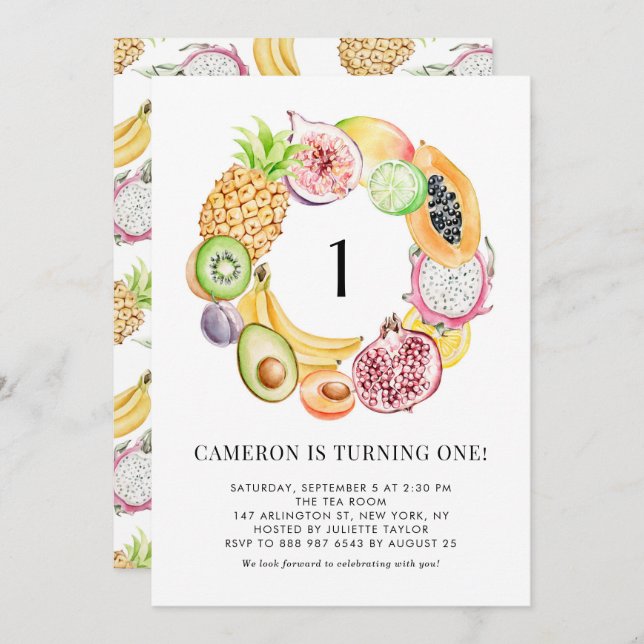 Watercolor Tropical Fruits Summer First Birthday Invitation (Front/Back)
