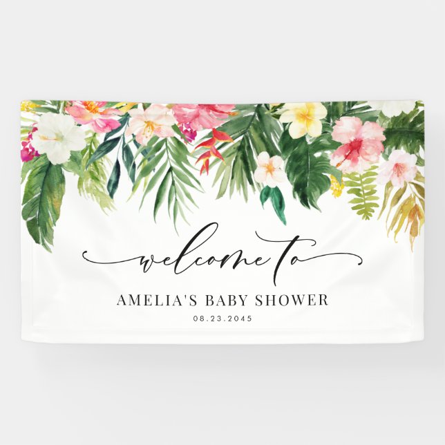 Watercolor Tropical Garland Summer Baby Shower Banner (Horizontal)