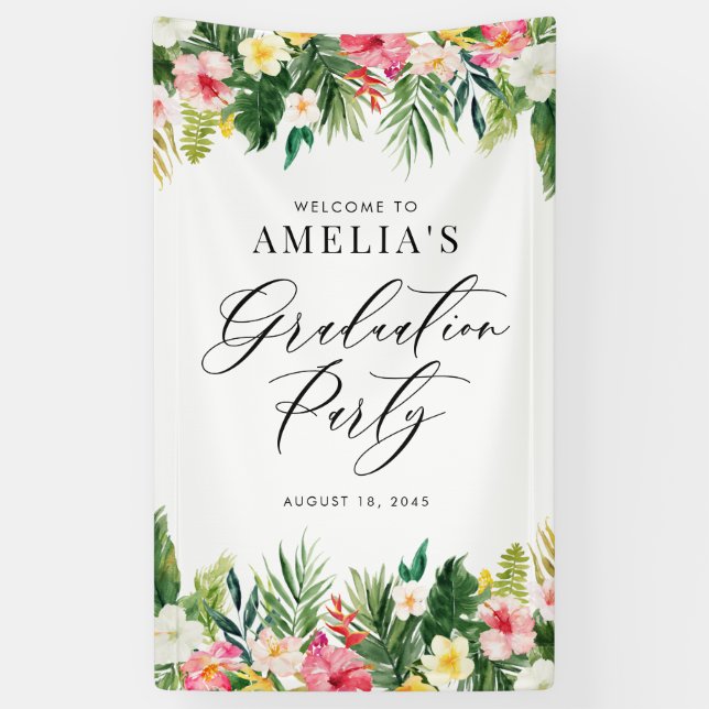 Watercolor Tropical Garlands Graduation Party Banner (Vertical)